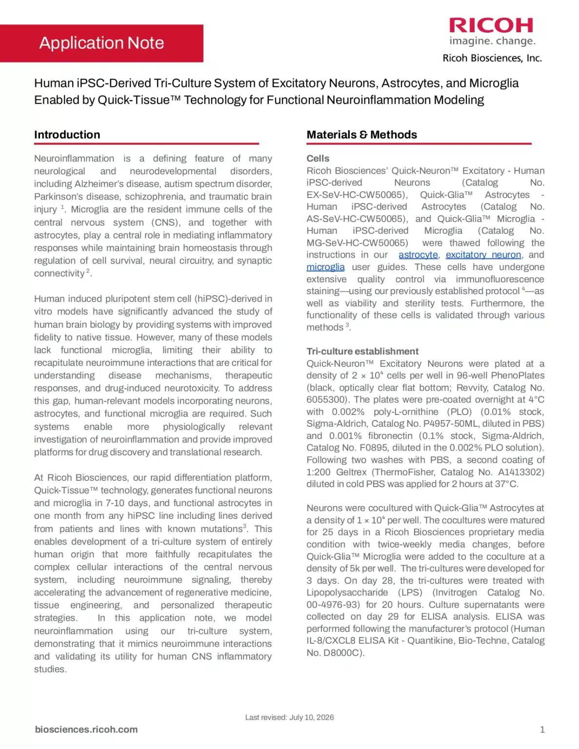 Human iPSC-Derived Tri-Culture System of Excitatory Neurons, Astrocytes, and Microglia Enabled by Quick-Tissue™ Technology for Functional Neuroinflammation Modeling