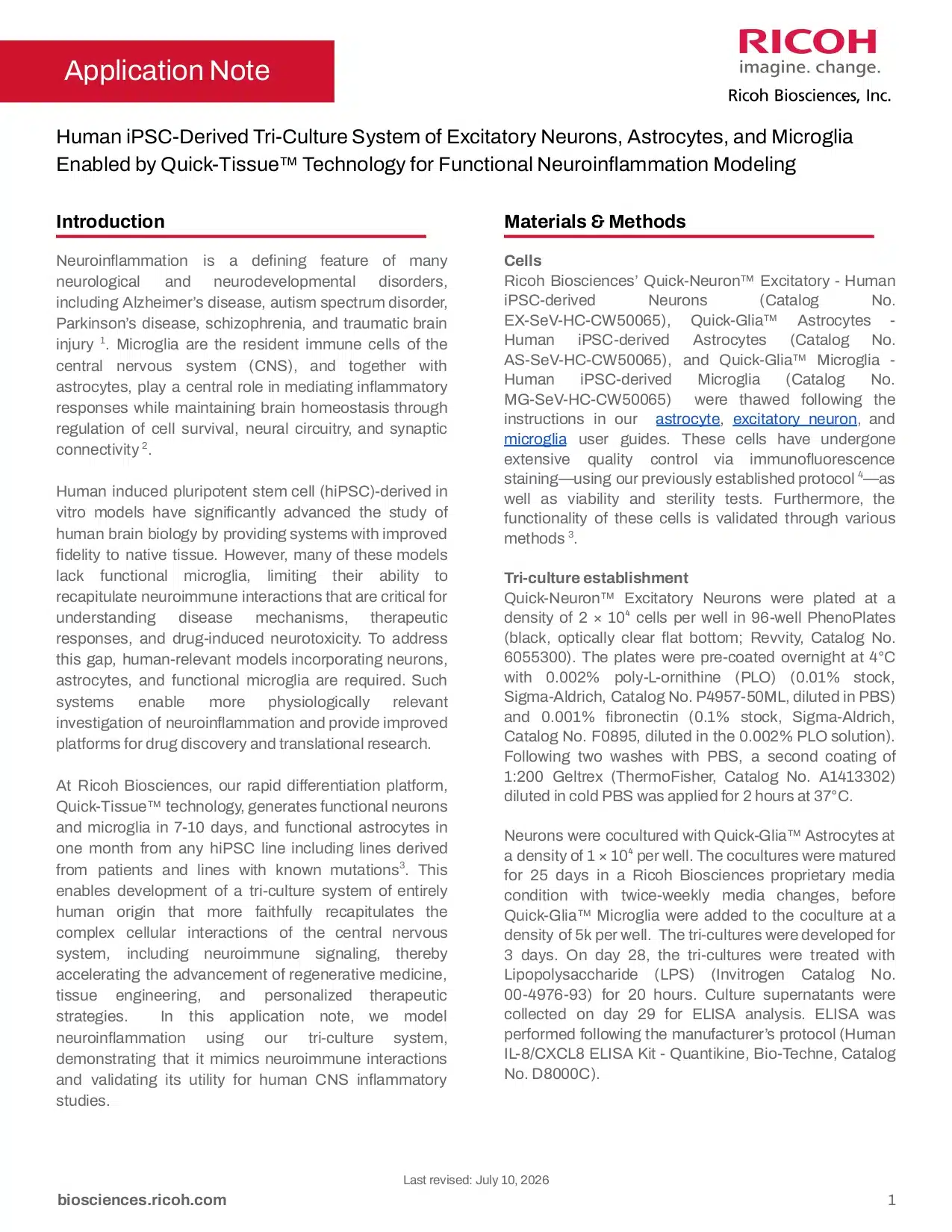 Human iPSC-Derived Tri-Culture System of Excitatory Neurons, Astrocytes, and Microglia Enabled by Quick-Tissue™ Technology for Functional Neuroinflammation Modeling