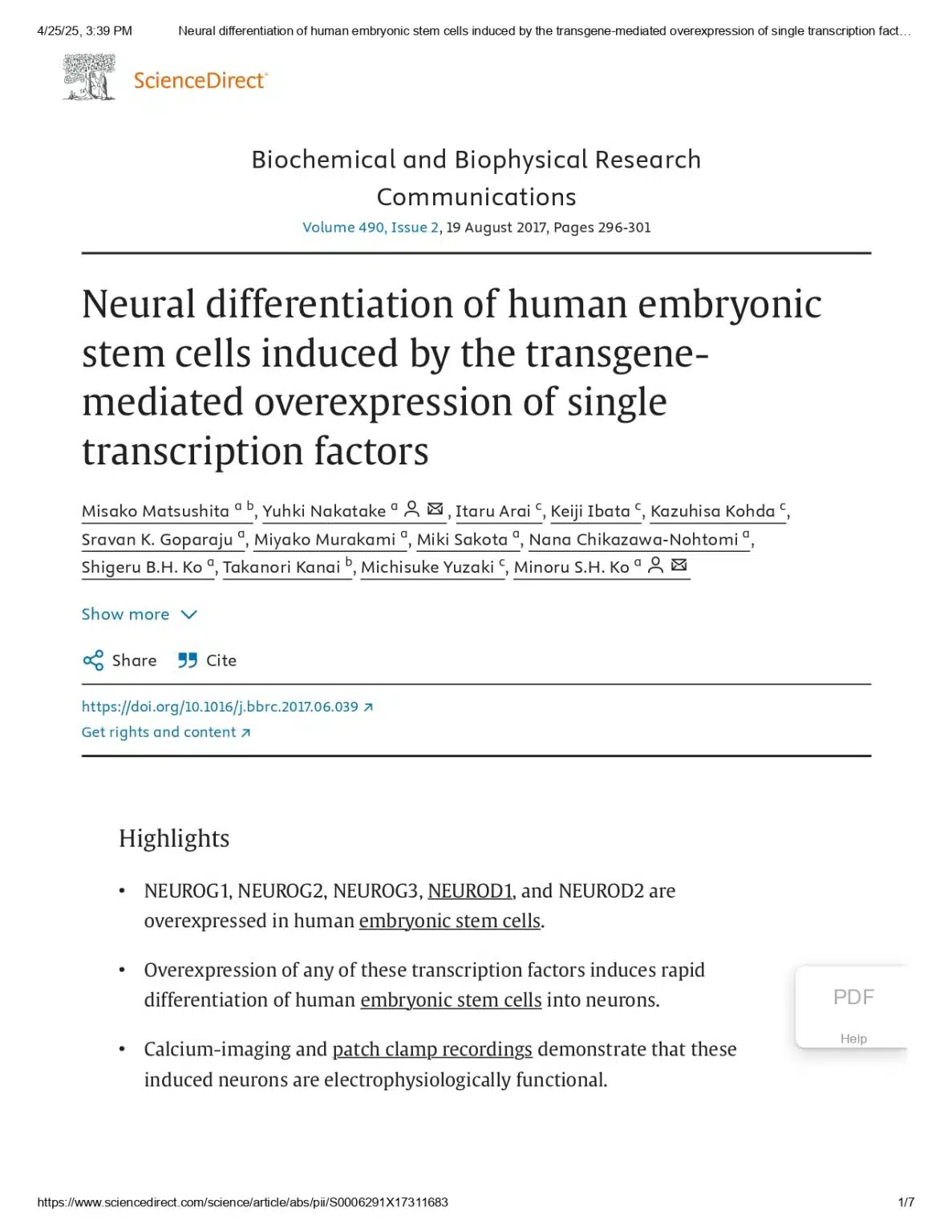 Neural differentiation of human embryonic stem cells induced by the transgene-mediated overexpression of single transcription factors.