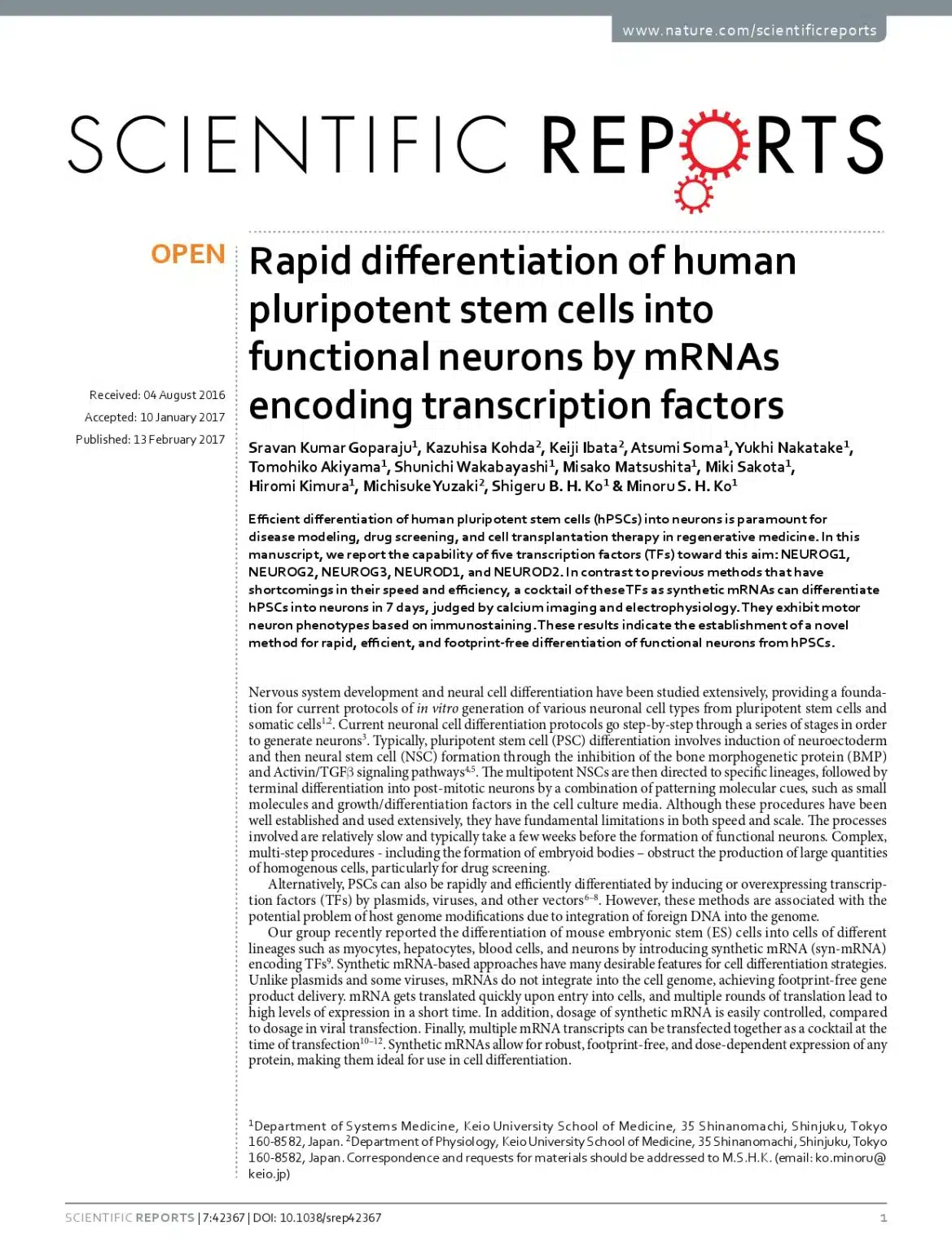 Rapid differentiation of human pluripotent stem cells into functional neurons by mRNAs encoding transcription factors