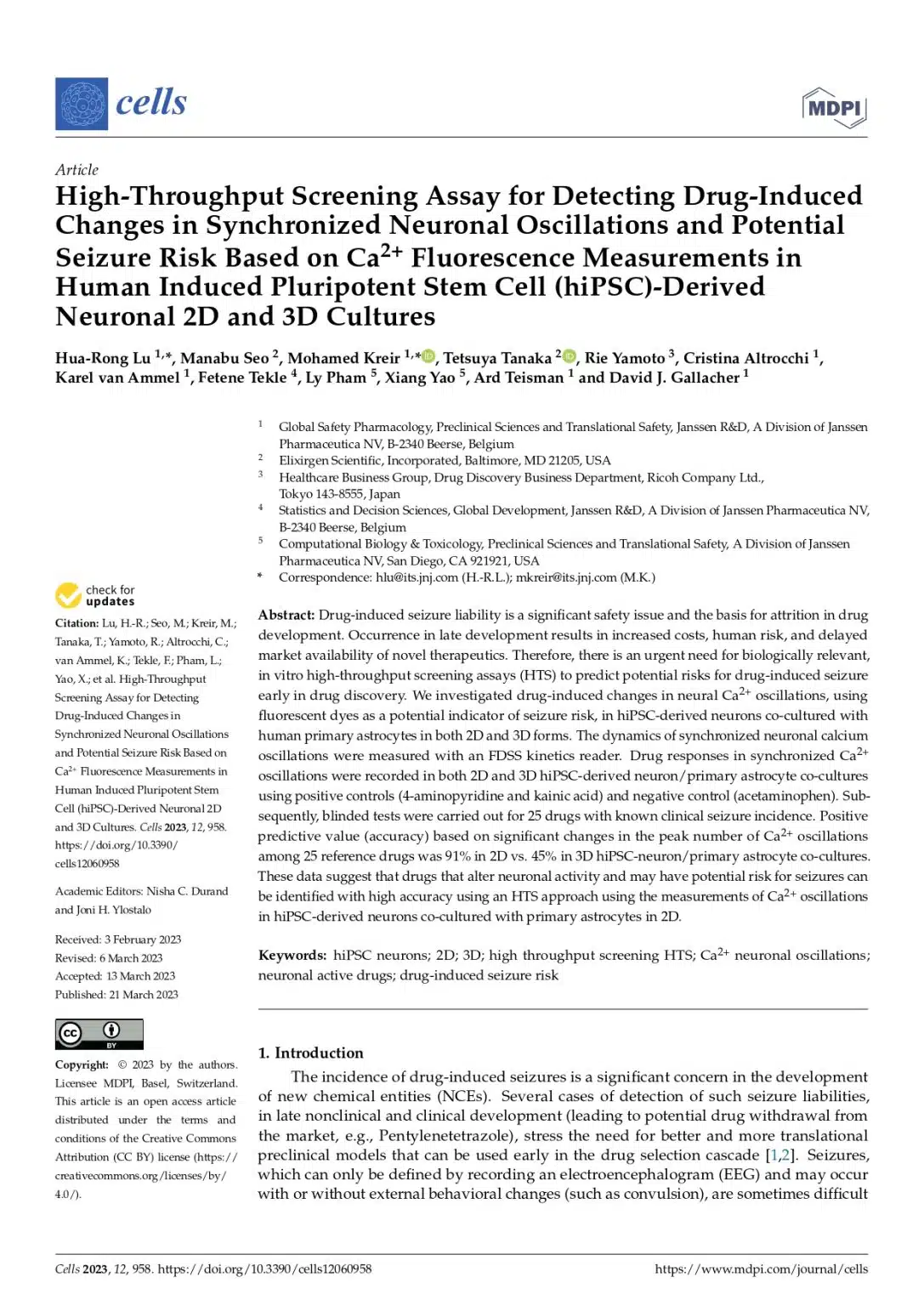 High-Throughput Screening Assay for Detecting Drug-Induced Changes in Synchronized Neuronal Oscillations and Potential Seizure Risk Based on Ca2+ Fluorescence Measurements in Human Induced Pluripotent Stem Cell (hiPSC)-Derived Neuronal 2D and 3D Cultures