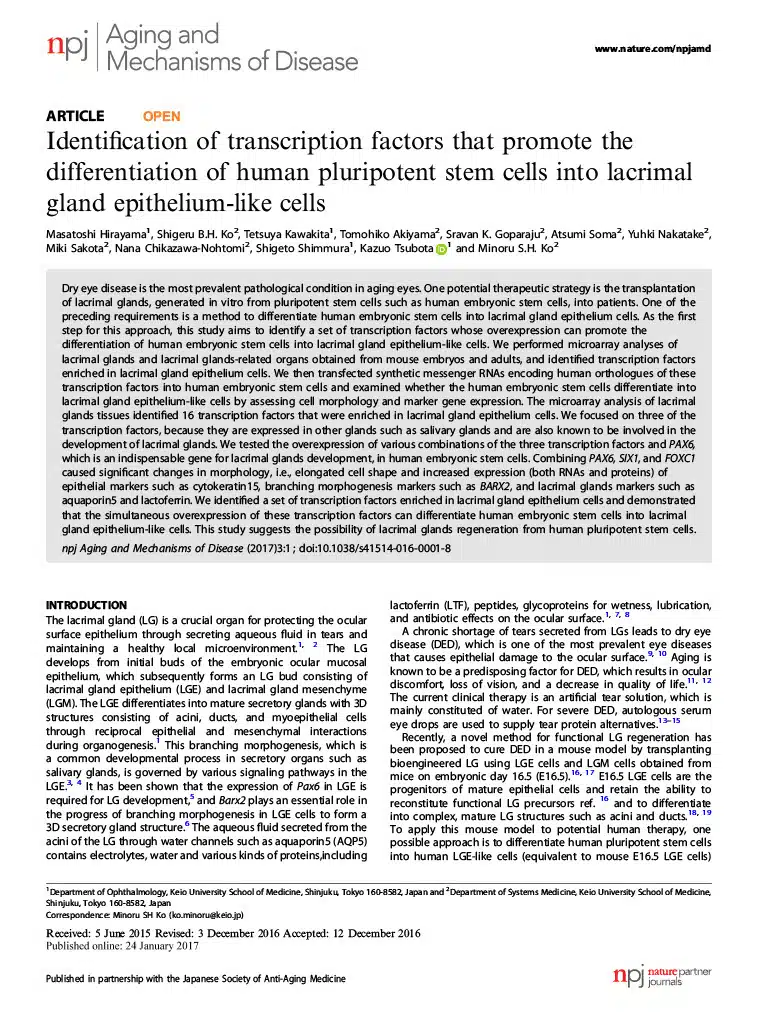 Identification of transcription factors that promote the differentiation of human pluripotent stem cells into lacrimal gland epithelium-like cells